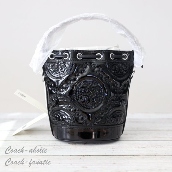 NWT Tory Burch Mini T Monogram Puffy Patent Leather Bucket Bag Crossbody Black - Picture 10 of 12